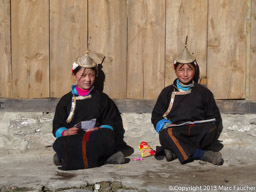 Local schoolgirls wearing the traditional bamboo hat and yak wool skirt
Day 13 of the Snowman Trek
Jigme Dorji National Park
Laya,  Bhutan