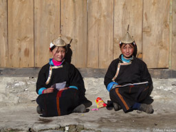 Local schoolgirls wearing the traditional bamboo hat and yak wool skirt
Day 13 of the Snowman Trek
Jigme Dorji National Park
Laya,  Bhutan
