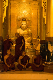 Monks Praying inside a Shrine at Shwedagon Pagoda